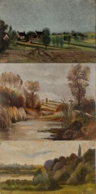 deux photos d'un tableau représentant un paysage avec une rivière au premier plan et une maison au loin