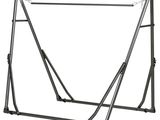 a close up of a metal swing frame with chains on it