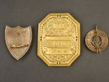 three different types of badges are shown on a gray surface