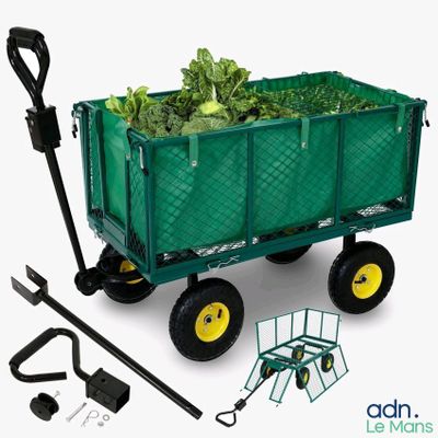 une charrette verte remplie de laitues et d'outils de jardinage