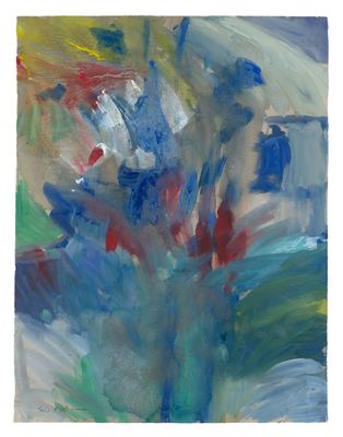 abstract painting of a vase of flowers in a blue vase