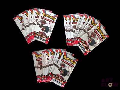 six packs of pokemon trading cards on a black background