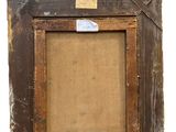 an old picture frame with a piece of wood hanging on it