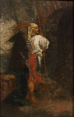 an old painting of a man with a sword standing in a cave