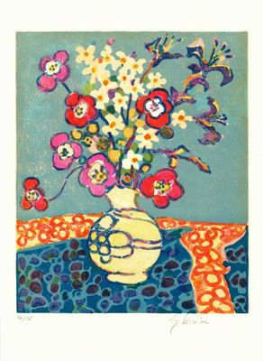 Gérard VIEILLEVIE (1939 - 1992) - Bouquet au fond bleu, lith…