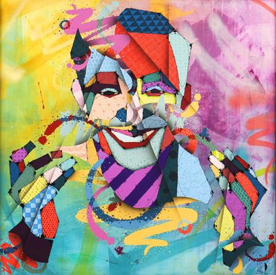 painting of a clown smoking a cigarette in front of a colorful background
