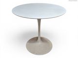 the table is white and has a circular base