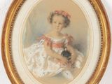 painting of a young girl in a white dress holding a teddy bear
