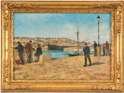 tableau représentant un groupe de personnes debout sur une jetée au bord d'un plan d'eau