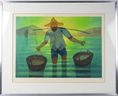 painting of a man carrying two baskets of fish in a body of water