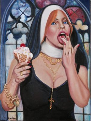 tableau représentant une religieuse en train de manger un cornet de glace devant un vitrail