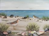 un tableau représentant des oiseaux sur la plage, au bord de l'eau