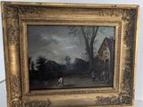 an old painting of a village scene with a man and a dog by a house