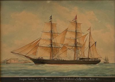 tableau représentant un grand voilier sur l'eau, arborant un drapeau