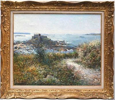 an oil painting of a path leading to a castle by the ocean