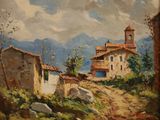 an oil painting of a house on a hill with a mountain in the background