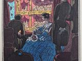 une image représentant un dessin d'une femme en robe bleue et d'un homme en costume noir