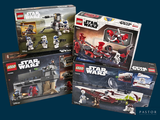 three lego star wars sets are shown on a blue background