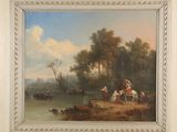 a painting of a group of people riding horses by the water