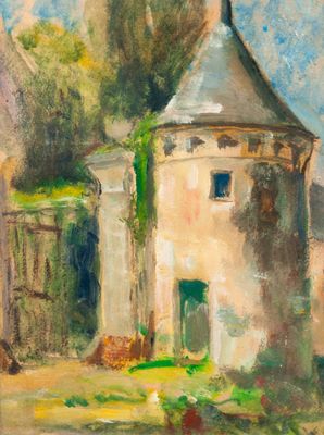 an image of a painting of a building with a tower