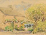 a painting of a house with a gate in front of it