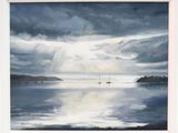 a painting of a sailboat on the water under a cloudy sky