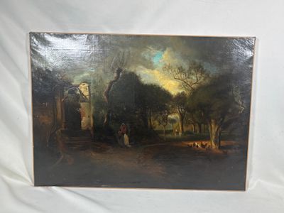 une peinture à l'huile représentant un homme et une femme promenant un chien dans un espace boisé