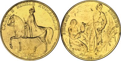 a close up of two gold coins with a man on a horse