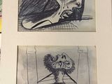 four drawings of a woman with a cat on her shoulder