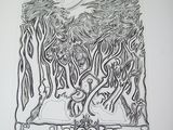 a black and white drawing of a tree with a moon in the background