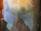 a painting on the wall of a bathroom with a toilet in it