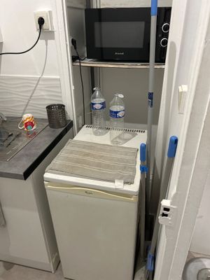 une petite cuisine équipée d'un réfrigérateur et d'un micro-ondes