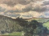 an oil painting of a landscape with trees and hills in the distance