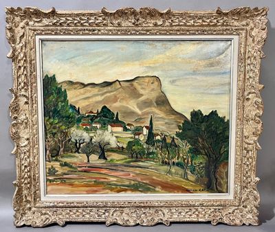 an oil painting of a landscape with a mountain in the background