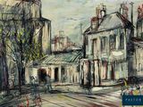 painting of a street scene with buildings and people walking on the sidewalk