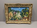 a painting of a landscape with a house in the distance