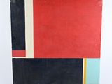 une peinture abstraite composée de carrés rouges, bleus, jaunes et noirs