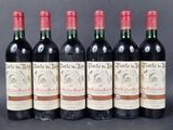 six bottles of red wine lined up in a row