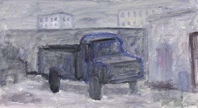 une peinture représentant un camion dans la neige