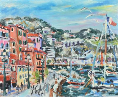 painting of boats in a harbor with buildings and a seagull in the background