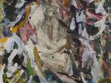 une peinture à l'huile représentant un cheval au galop dans un champ, avec beaucoup de peinture sur le tableau