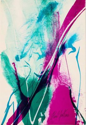 une peinture abstraite représentant une femme dans des tons de rose, de vert et de bleu