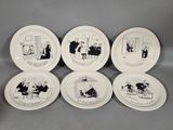 six white plates with black and white illustrations of people sitting at a table