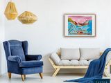 two chairs and a couch in a room with a painting on the wall