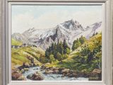 a painting of a mountain scene with a stream in the foreground