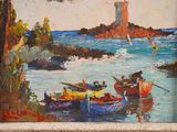 a painting of boats on the water with a lighthouse in the background