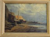 a painting of a boat on the beach by the water