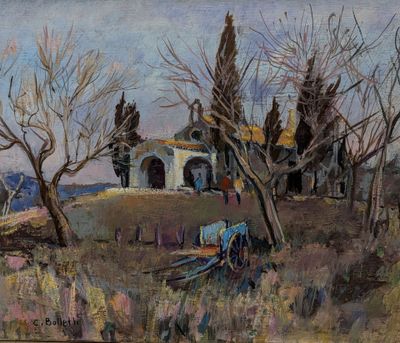 une peinture à l'huile représentant une scène de vie à la ferme avec un cheval tirant une charrette