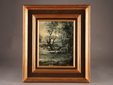 an oil painting of a landscape with a river in the foreground