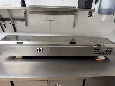 stainless steel counter top in a commercial kitchen with stainless steel appliances